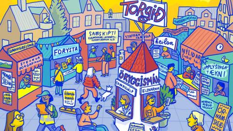 Teiknuð mynd af torgi með básum þar sem hlutverk torgsins koma fram