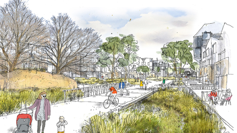 Illustration of a village-like character along Miklabraut. Calm traffic and activity between buildings.