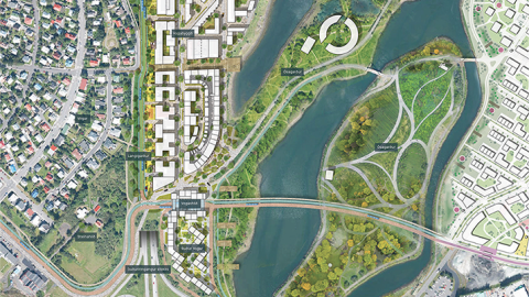 An aerial overview of the Sæbraut Highway Cap.