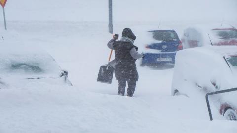 Konar með skóflu veður skafla.