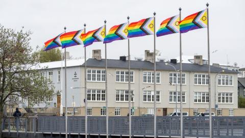 Ný útgáfa af Process Pride fánanum blakta við hún við Ráðhúsið í Reykjavík.