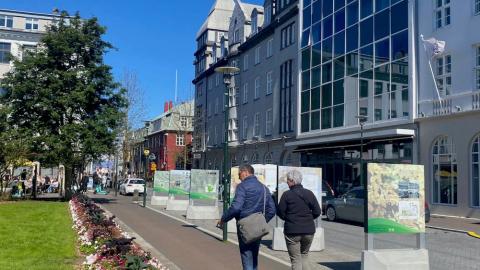 Gras og blóm á Austurvelli, fólk á gangi, ljósmyndasýning á stöplum við Pósthússtræti.