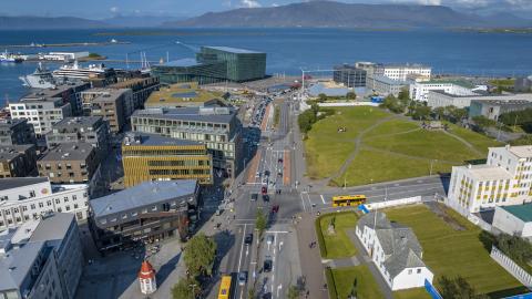 Aerial view of Lækjargata, Arnarhóll, and surrounding areas.