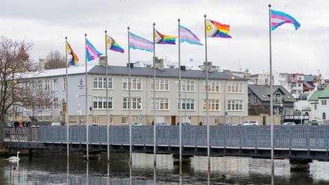 Trans og Progressive Pride fánar blakta við hún á göngubrúnni við Ráðhúsið