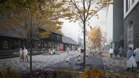 Teiknuð mynd af fólki á gangi í Austurstræti. Tré og hús í kring.