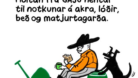 Teikning af manni með skóflu og hundi.