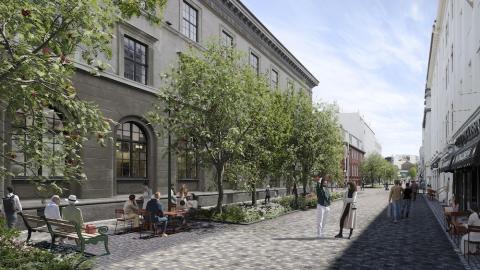 Teiknuð mynd af Austurstræti sem göngugötu með fólki og trjám og húsum beggja vegna.