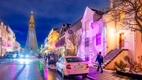 Skólavörðustígur during Winter Lights Festival 2024. Hallgrímskirkja at the end of the street
