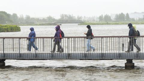 Tourists brave wind and rain on the bridge near City Hall.