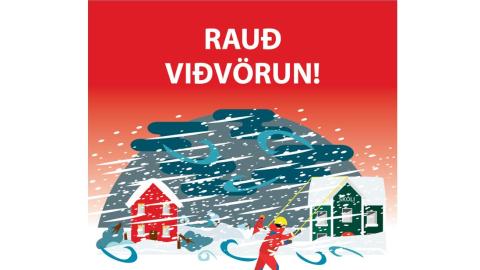 Graphic illustration. "Red alert" in white text at the top. Reddish image depicting severe weather, with a person in the foreground.