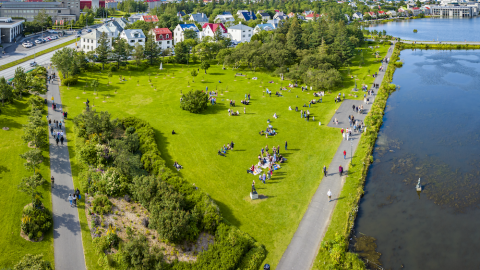 Overview image showing grass, trees, streets, a pond and people.