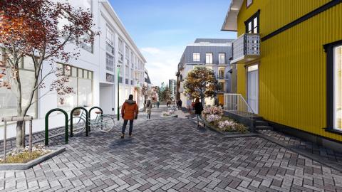 Illustration of the street space with buildings on either side.
