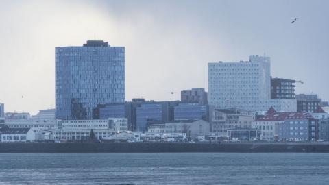 View of Sæbraut and buildings as seen from the ocean