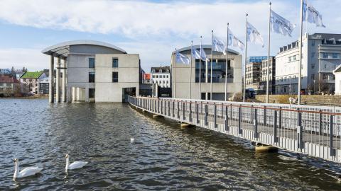 City Hall, viewed from the start of the bridge. Two swans in the foreground on the left, with the flag pole stand displaying Reykjavík flags visible at the top right of the bridge.