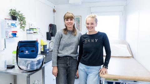 Sigríður Ella and Svala Dís stand together inside the Ylja supervised consumption site where they work. 