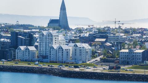 Aerial view of the city, seen from the sea toward Sæbraut and Hallgrímskirkja.