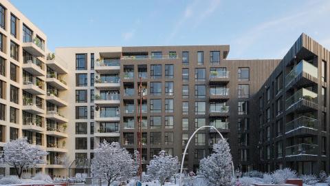 A rendering of the 'Bogi' artwork amid new buildings and landscaping.