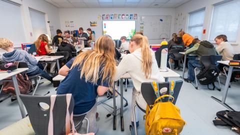 An interior view of a classroom at the new temporary school campus in Laugardalur.