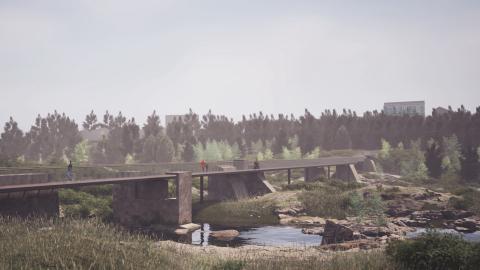 An illustration of a bridge, vegetation, and river.