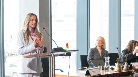 Mayor Hildur Björnsdóttir at the podium during today's City Council meeting.