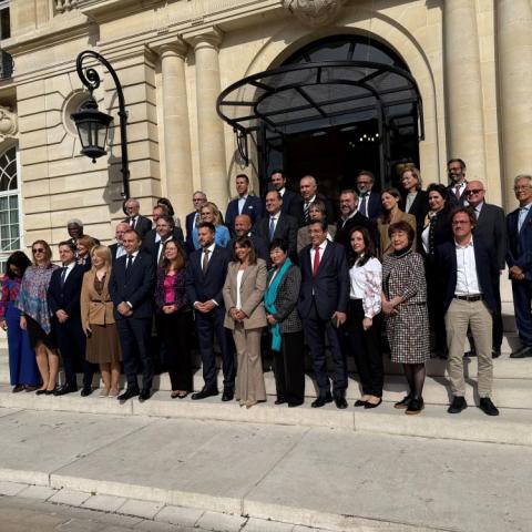 About 30 people standing on steps in Paris